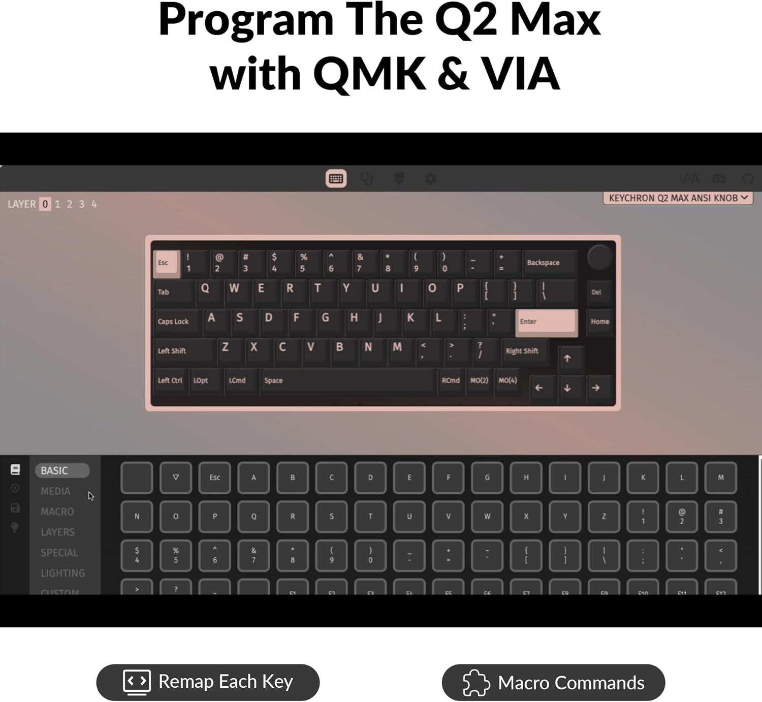 Keychron Q2 Max Wireless Custom Mechanical Gaming Keyboard, QMK/VIA Programmable Knob 2.4 GHz/Bluetooth 5.1/Wired, 65% Compact RGB Hot-Swap with Gateron Banana Switch for Mac Windows Linux - Black