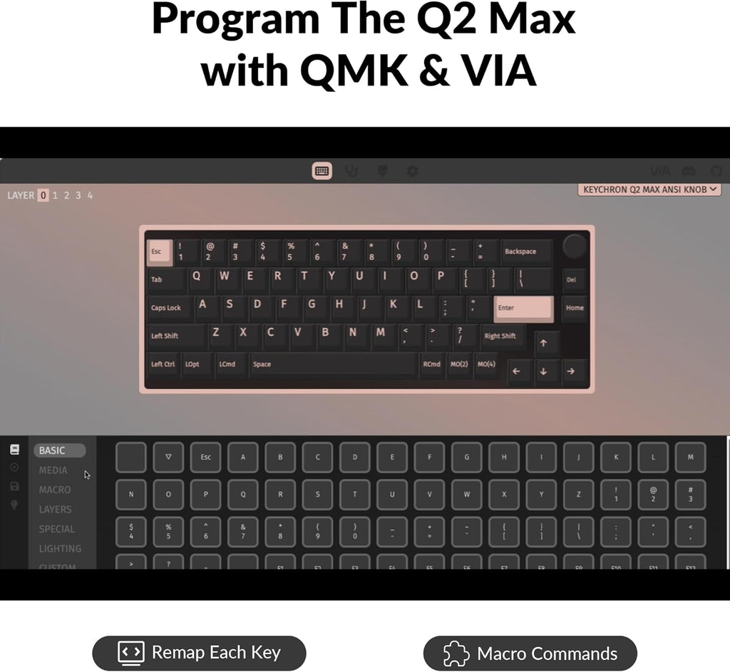 Keychron Q2 Max Wireless Custom Mechanical Gaming Keyboard, QMK/VIA Programmable Knob 2.4 GHz/Bluetooth 5.1/Wired, 65% Compact RGB Hot-Swap with Gateron Brown Switch for Mac Windows Linux - Black