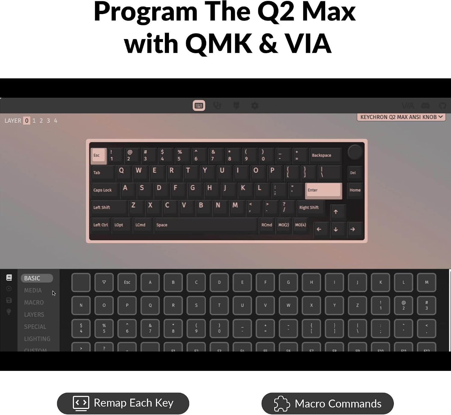 Keychron Q2 Max Wireless Custom Mechanical Gaming Keyboard, QMK/VIA Programmable Knob 2.4 GHz/Bluetooth 5.1/Wired, 65% Compact RGB Hot-Swap with Gateron Red Switch for Mac Windows Linux - Black