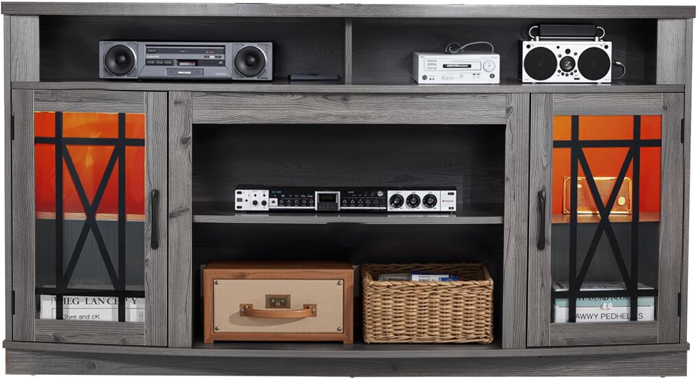 VEVOR Farmhouse TV Stand for 65 inch TVs, LED Entertainment Center with Glass Doors, Rustic Wood TV Cabinet with Adjustable Storage Shelves, Media Console for Living Room, Bedroom, Gray