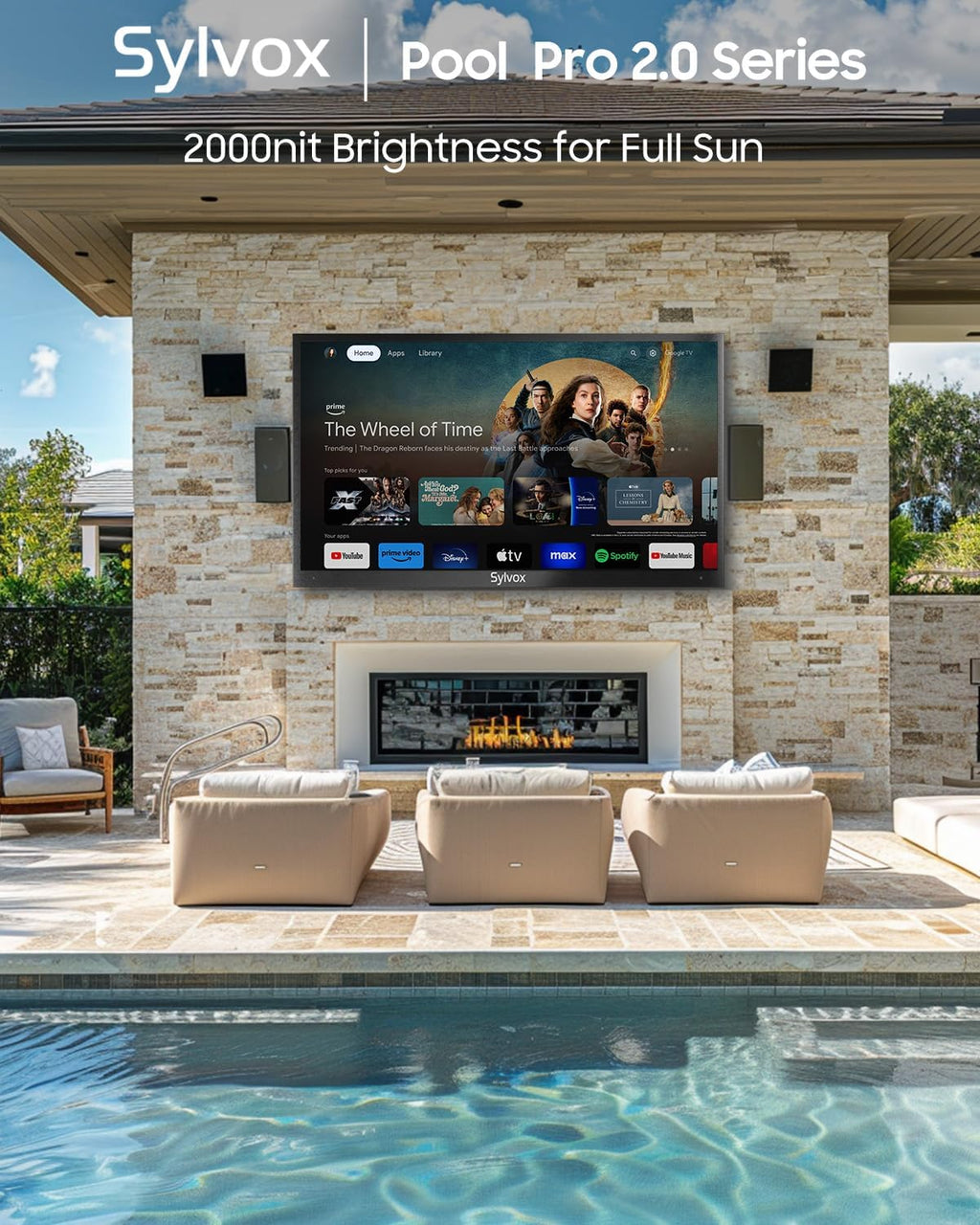 SYLVOX Outdoor TV, 55-Inch Waterproof Smart TV, 2000 nits Full Sun TV, 4K, Dolby Atmos, HDR10, Weatherproof Television with Voice Assistant Remote (Pool Pro 2.0, Latest Model)