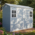 Storage Shed, 4x8ft Outdoor Storage Shed with Floor Included with 2 Windows and Lockable Door, Resin Sheds for House Garden Tools, Bike, Motorcycle, Lawn Mover, Arched Roof, Grey