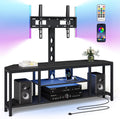 Corner TV Stand with Mount LED - Universal TV Mount Stand for 32-65' TV, Height Adjustable Swivel TV Console Wood & Steel Entertainment Center with Mount, Cabinet, Power Outlet, Colorful Light, Black