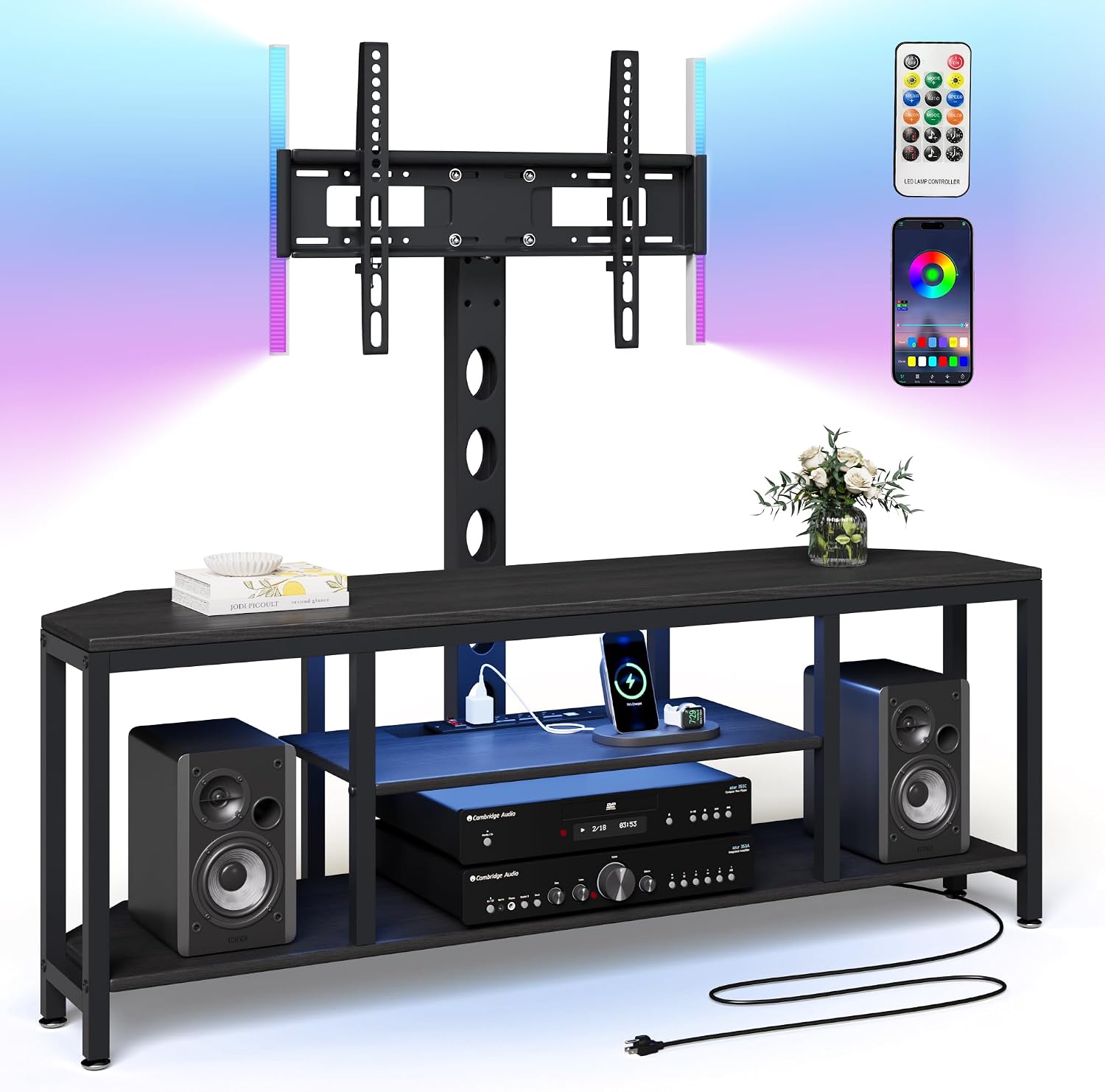 Corner TV Stand with Mount LED - Universal TV Mount Stand for 32-65' TV, Height Adjustable Swivel TV Console Wood & Steel Entertainment Center with Mount, Cabinet, Power Outlet, Colorful Light, Black