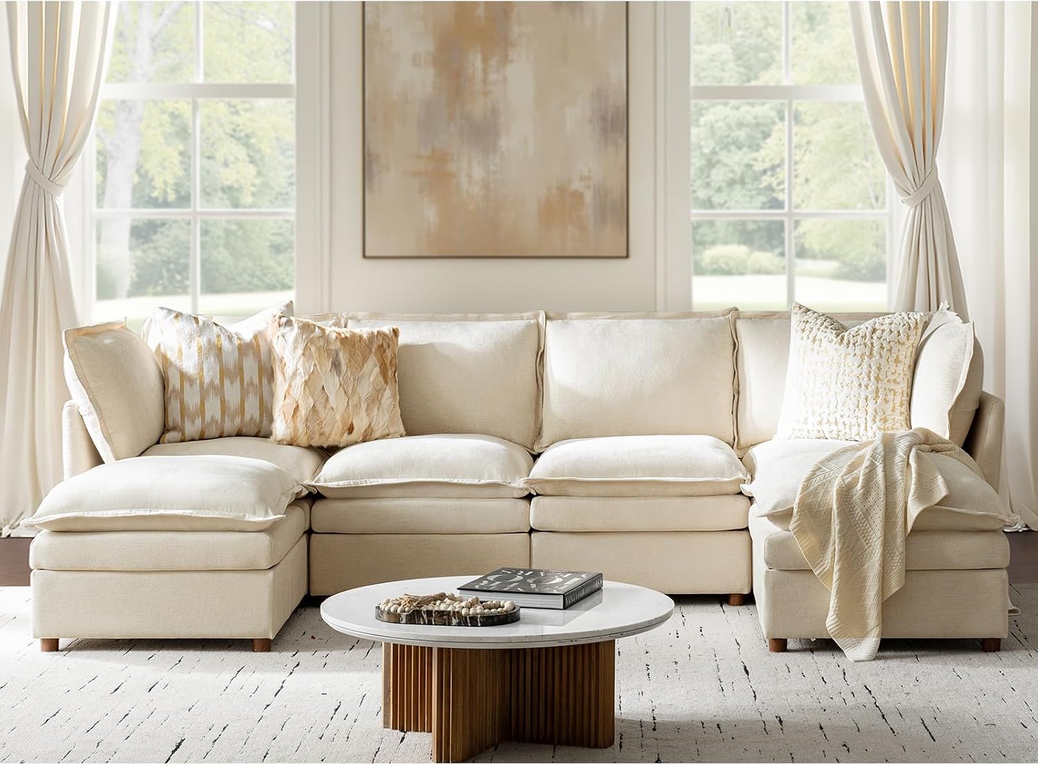 HULALA HOME 128'' Oversized Modular Sectional Sofa with Dual-Layered Cushions, U Shaped 6 Seater Couch with Storage Ottoman and Removable Cover, Modern Deep Seat Cloud Couch for Living Room, Beige