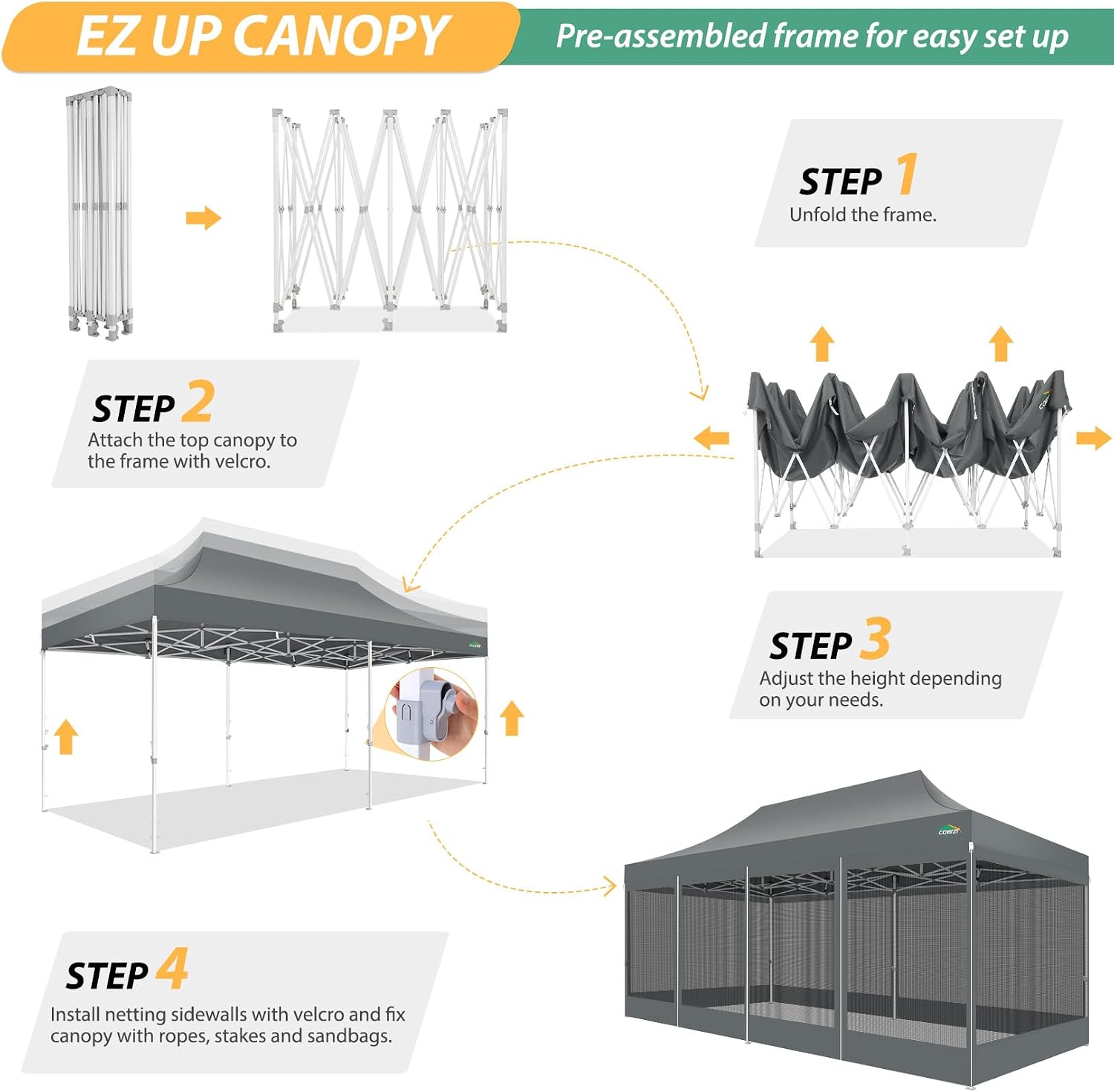 COBIZI 10x20 Canopy Tent with 6 Sidewalls,Heavy Duty Pop up Canopy with Mosquito Netting,Easy up Screen Tent for Parties Wedding Outdoor Patio with Roller Bag,Gray