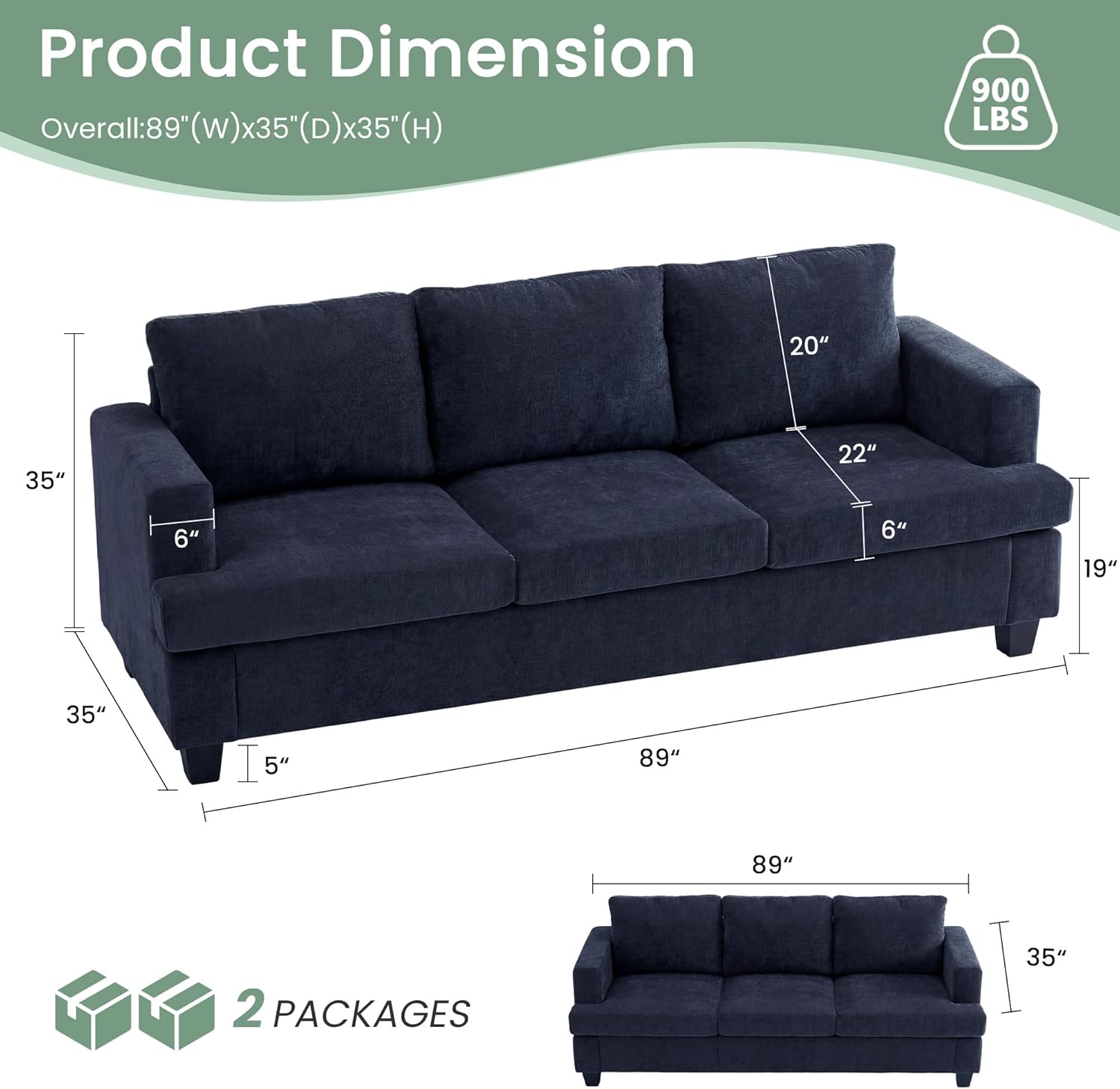 YOUDENOVA 2 Piece Set Comfy Sofa Couch, 3 Seater & Loveseat Sofa with Deep Seats, Modern Sleeper Couch for Living Room, Navy Chenille