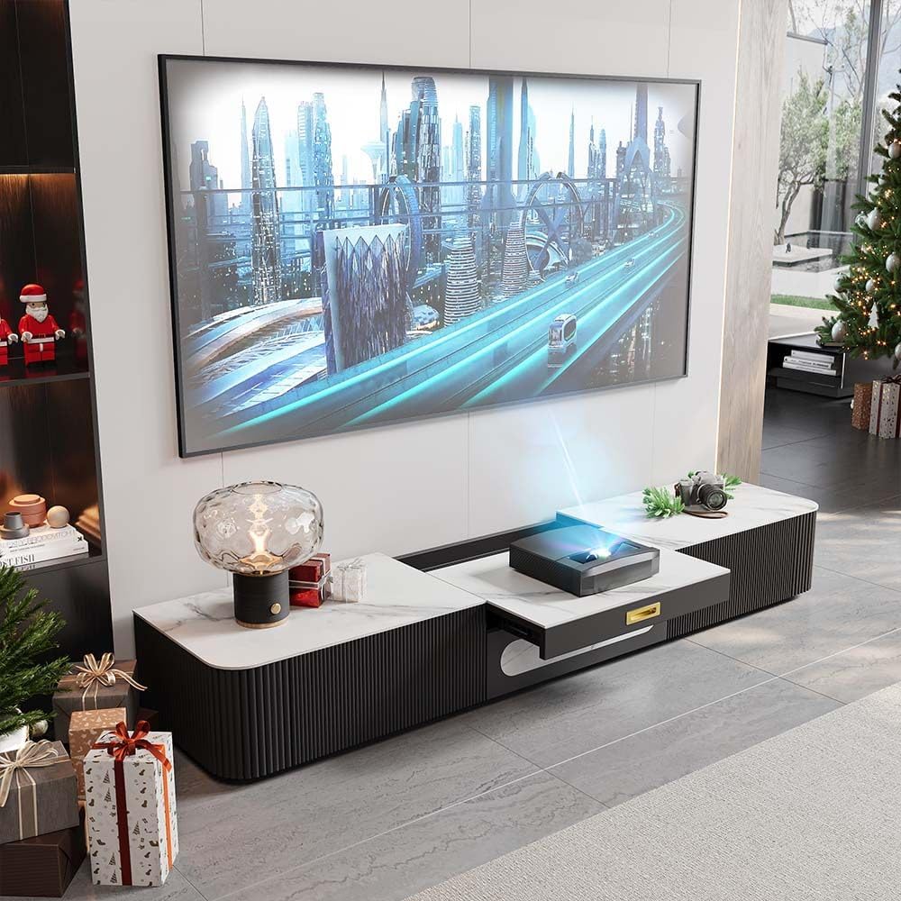 POVISON Fully-Assembled Modern TV Stand for Projector, Sintered Stone Entertainment Center with Storage for 75 inch TV, Wood TV Console, Media Console for Living Room Bedroom