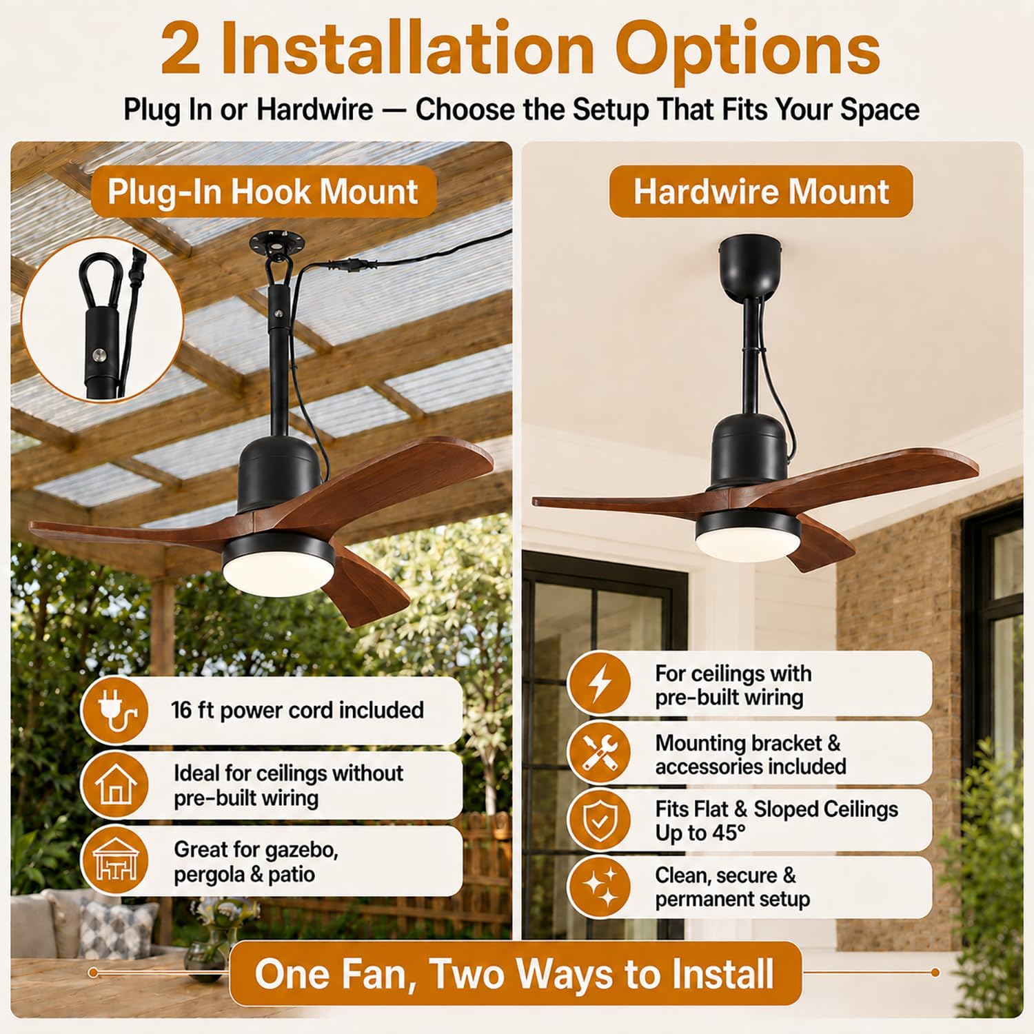 34 Inch Outdoor Ceiling Fan with Light and Remote, Wet Rated Gazebo Fan with 16 ft Plug in Cord, Farmhouse Wood 3 Blade Hanging Ceiling Fan for Patio Porch Pergola, Quiet Reversible DC Motor