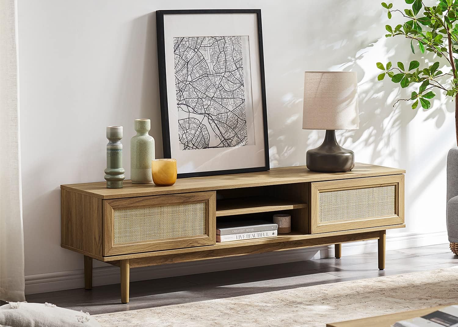 mopio Haylee TV Stand, Modern Farmhouse Television Stand for 55/60/65 inch TV, Natural Rattan Boho Entertainment Center with Storage, Media Console Credenza Table for Living Room, Bedroom (Oak 59')