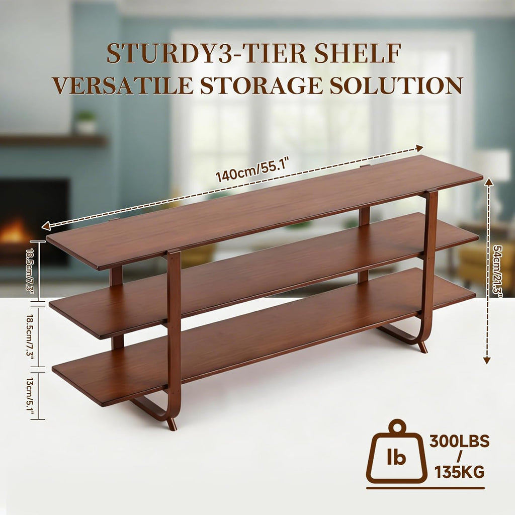 Welnow Bamboo TV Stand for Up to 65 Inch, Mid Century Modern Entertainment Center with 3-Tier Open Shelves, Storage Media Console Table for Living Room, Bedroom, Walnut