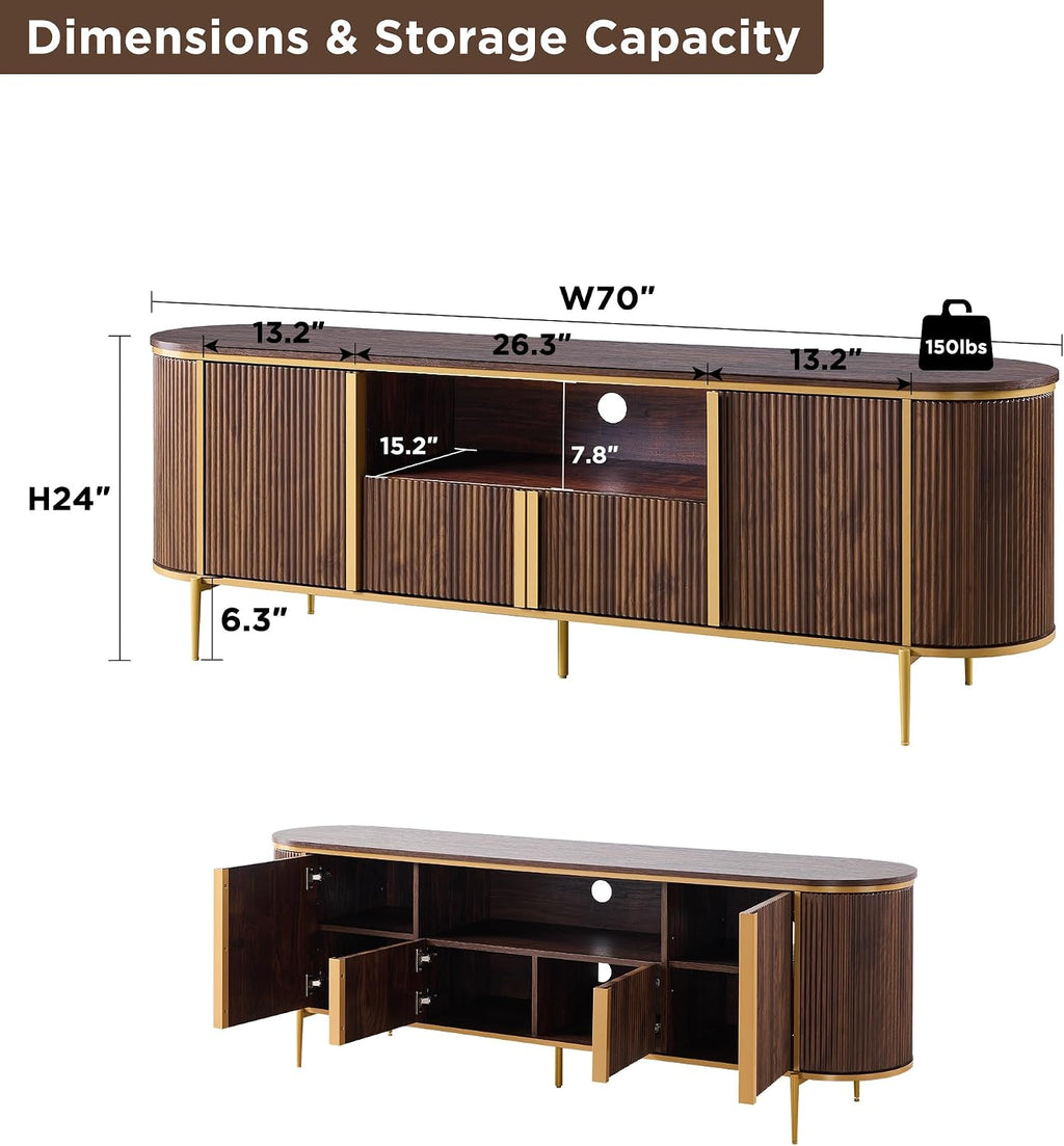 OKD Luxury 70' Fluted TV Stand, Modern Chic Entertainment Center for TVs Up to 80 inches, TV Console with Faux Marble Top, Curved Profile Design, Media Console for Living Room, (Dark Walnut)
