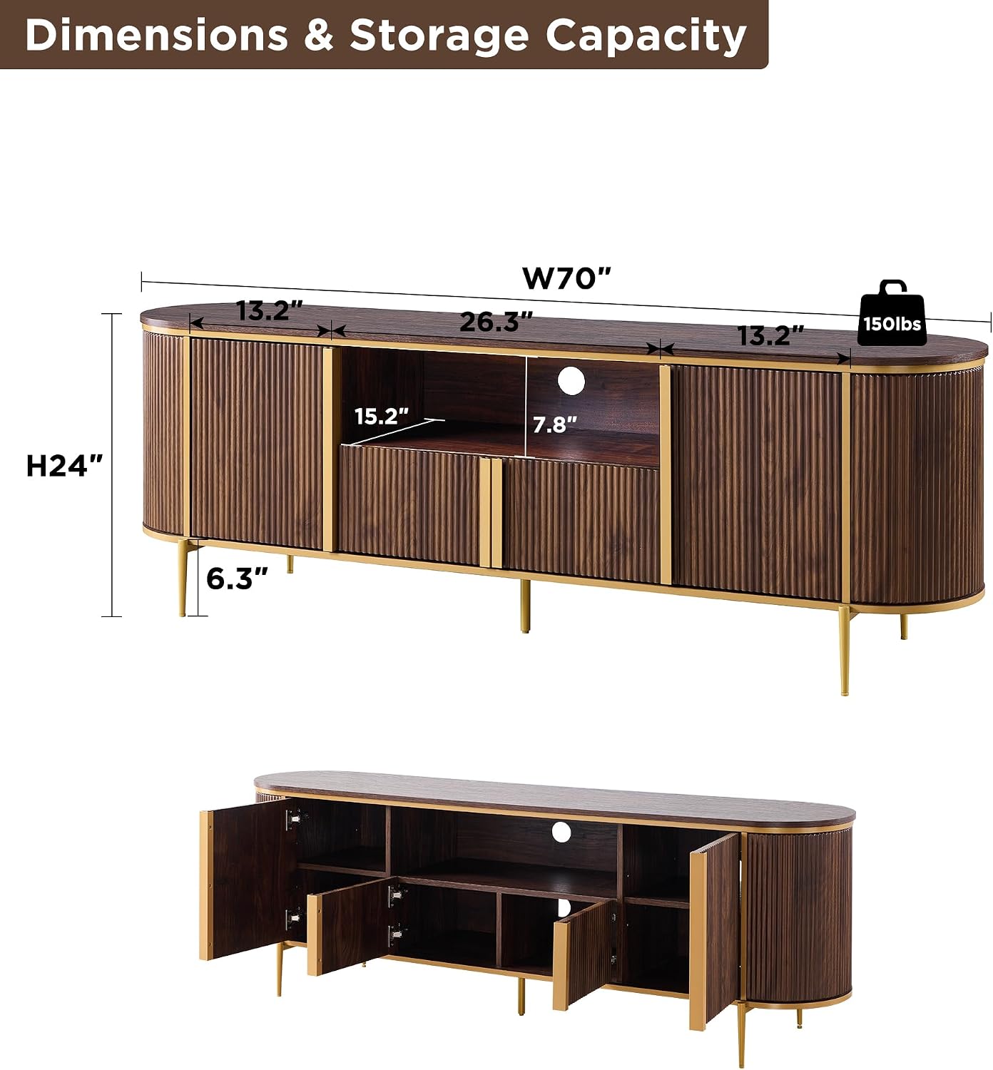 OKD Luxury 70' Fluted TV Stand, Modern Chic Entertainment Center for TVs Up to 80 inches, TV Console with Faux Marble Top, Curved Profile Design, Media Console for Living Room, (Dark Walnut)