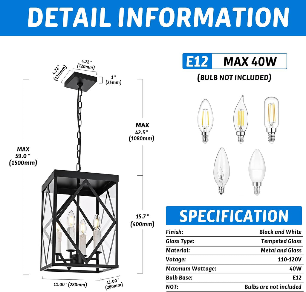 Black Exterior Pendant Lights for Porch with Clear Glass 4 Light Adjustable Hanging Lamp Farmhouse Lantern Porch Light Exterior Chandelier Ceiling Mount for Entrance Patio, White Candle Socket