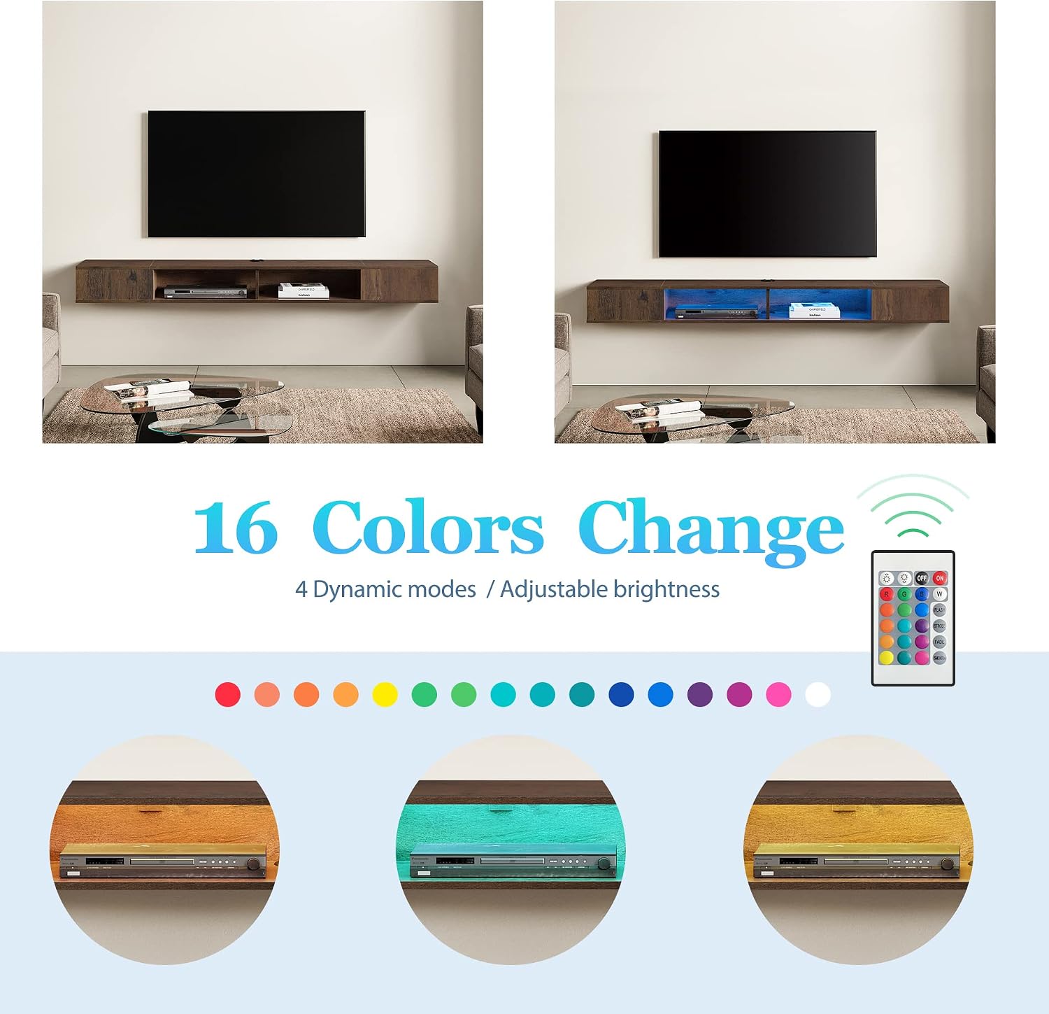 WAMPAT Floating TV Stand, 70 inch Media Console for 75 inch TV, Wall Mounted Storage for Living Room, Brown