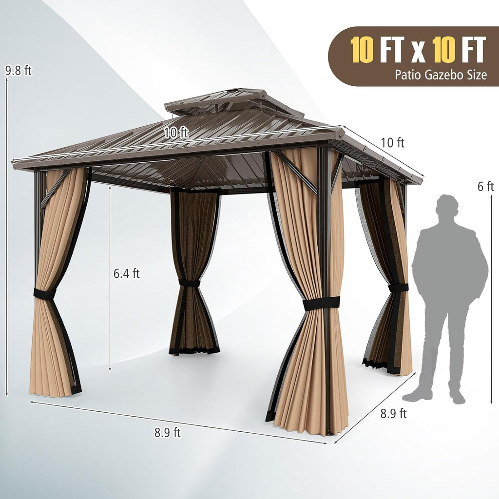 Tangkula 10x10 FT Hardtop Gazebo, Aluminum Frame Permanent Pavilion with Curtains, Netting, Heavy-Duty Double-Tier Galvanized Metal Roof, Outdoor Gazebo for Patios Garden Deck Lawn Backyard