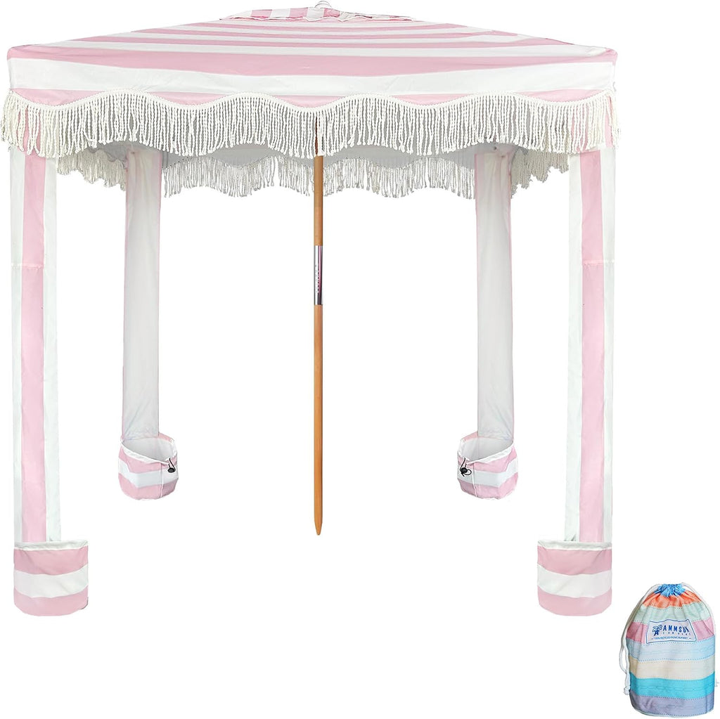 AMMSUN Beach Cabana with Beach Blanket, 7' x 7' Boho Canopy with Tassels, Premium Wood Pole, Fringe Cabana Tent with Sand Pockets, Instant Sun Shade for Sand, Garden, Outdoor, Rose Pink Stripes