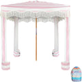 AMMSUN Beach Cabana with Beach Blanket, 7' x 7' Boho Canopy with Tassels, Premium Wood Pole, Fringe Cabana Tent with Sand Pockets, Instant Sun Shade for Sand, Garden, Outdoor, Rose Pink Stripes