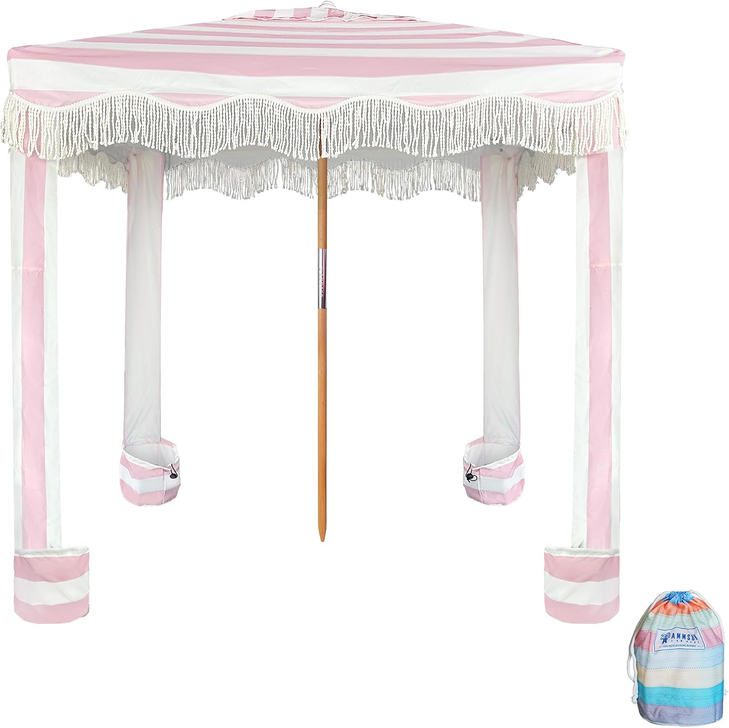 AMMSUN Beach Cabana with Beach Blanket, 7' x 7' Boho Canopy with Tassels, Premium Wood Pole, Fringe Cabana Tent with Sand Pockets, Instant Sun Shade for Sand, Garden, Outdoor, Rose Pink Stripes