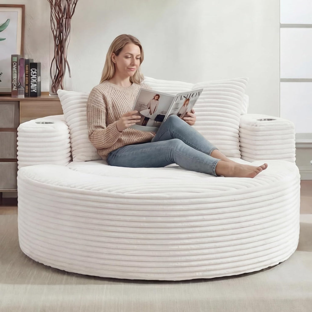Oversized Round Chair Lounge Chaise Indoor, 55.5' Upholstered Corduroy Deep Seat Single Cloud Sofa Chair with Cup Holder, Modern Large Circle Boneless Sleeper Sofa for Living Room, Beige White