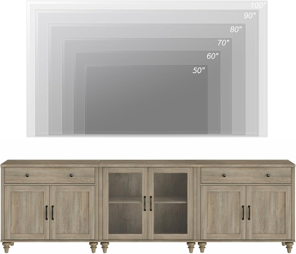 WAMPAT Farmhouse TV Stand for 100 Inch TV, 3-in-1 TV Console Table for 75/80/85/90 Inch TV, Entertainment Center with Glass & Wood Door, Kitchen Sideboard Buffet Cabinet for Dining Room, Wash Grey