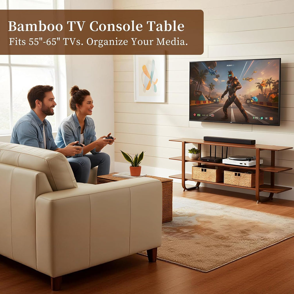 Welnow Bamboo TV Stand for Up to 65 Inch, Mid Century Modern Entertainment Center with 3-Tier Open Shelves, Storage Media Console Table for Living Room, Bedroom, Walnut