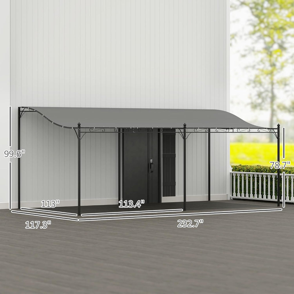 Outsunny 10' x 20' Outdoor Pergola Canopy, Wall-Mounted Metal Patio Canopy with Weather-Resistant Fabric and Drainage Holes for Backyard Garden Porch Beach, Dark Gray