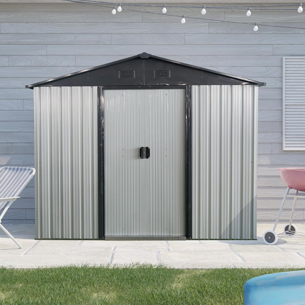 KEIKI 8x4 FT Outdoor Metal Storage Shed with Peaked Roof,Vents and Sliding Lockable Door for Garden Yard