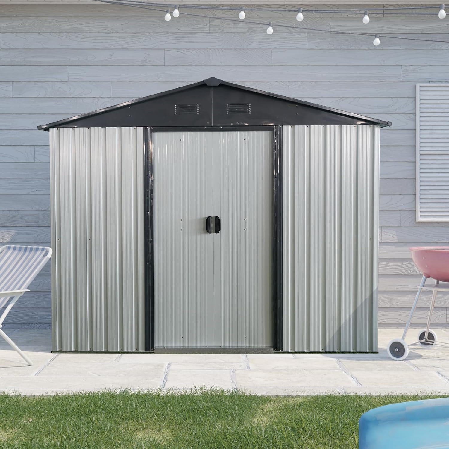 KEIKI 8x4 FT Outdoor Metal Storage Shed with Peaked Roof,Vents and Sliding Lockable Door for Garden Yard