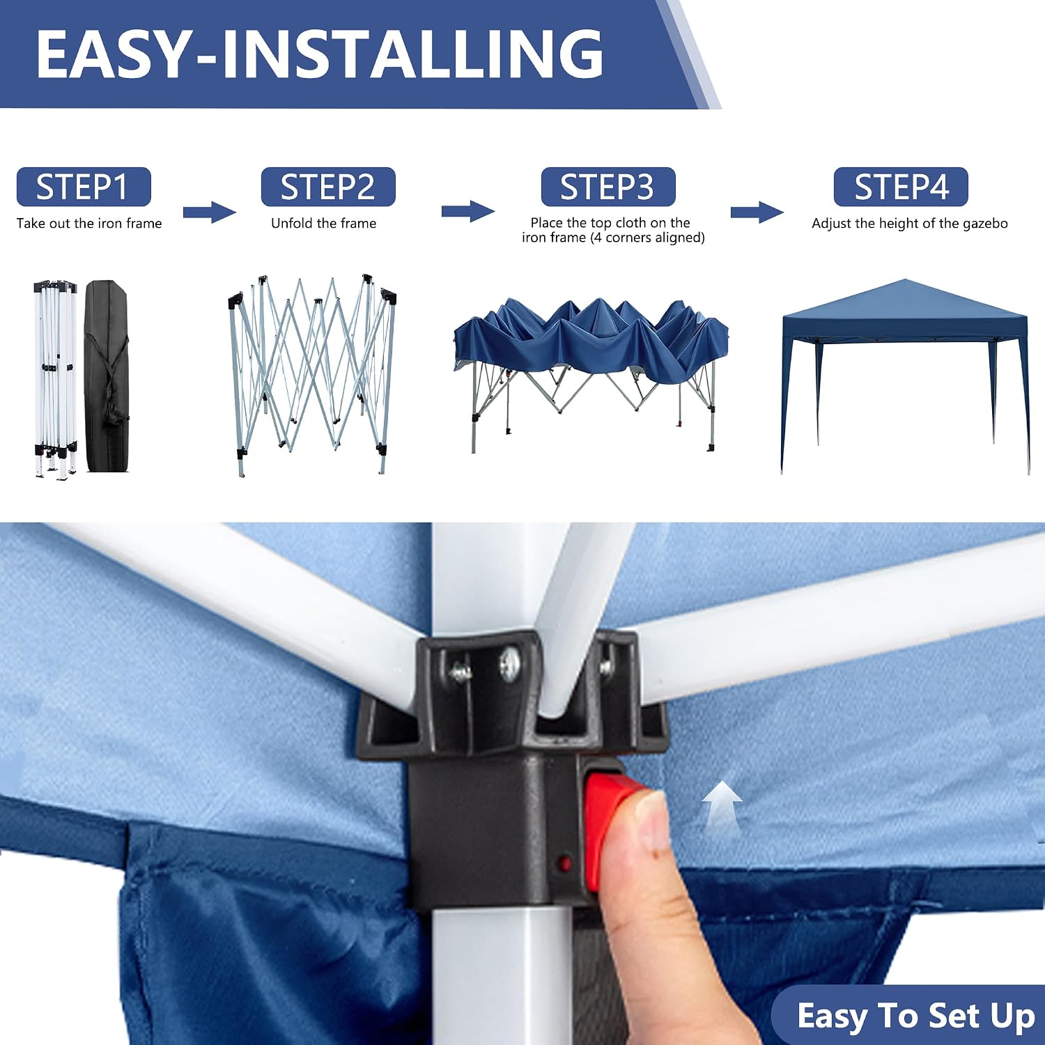 10x10 Pop Up Canopy Tent with Sidewalls, 3 Height Adjustable Beach Tent with Carrying Bag, 8 Stakes & 4 Ropes, Easy Set Up Gazebo for Events, Party, Wedding (10x10FT Blue with 4Sidewalls)