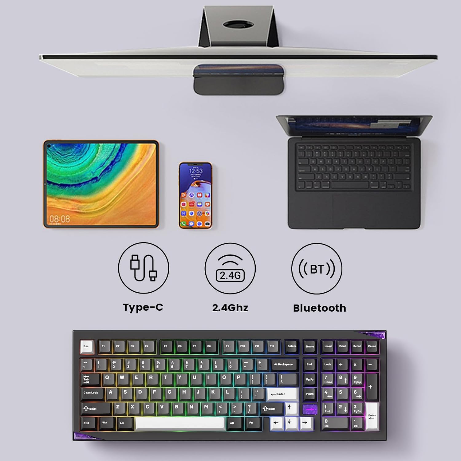 Akko Mineral 02 QMK/VIA Aluminum Mechanical Keyboard Tri-Mode RGB Hot-swappable Wireless Gaming Keyboard, Black and Silver, Pre-lubed Stellar Rose