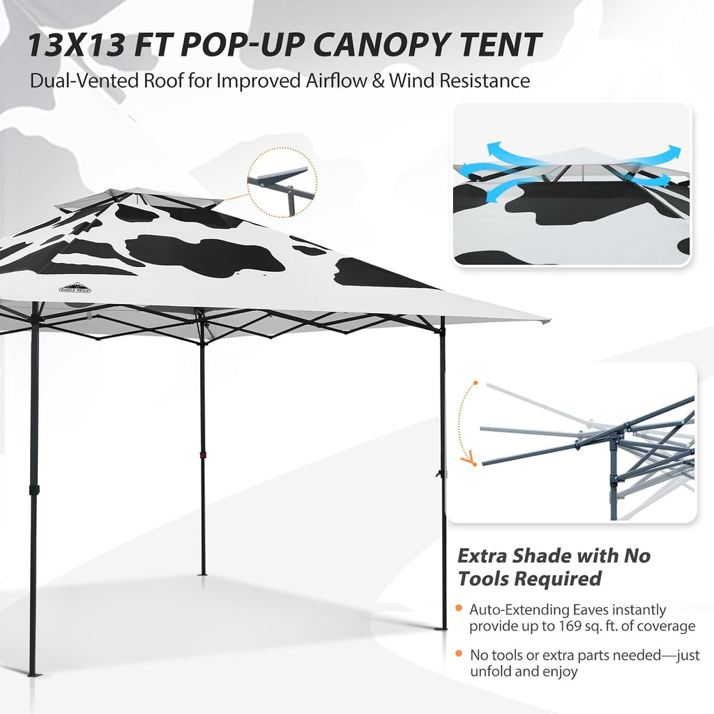 EAGLE PEAK 13x13 Straight Leg Pop Up Canopy Tent Instant Outdoor Canopy Easy Single Person Set up Folding Shelter w/Auto Extending Eaves 169 Square Feet of Shade (Cow Print)