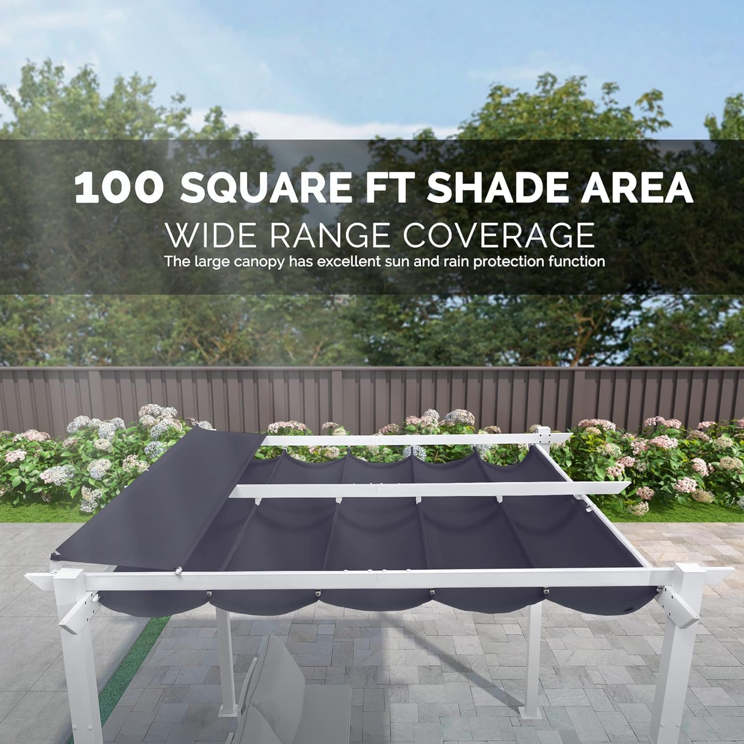 PURPLE LEAF 10' x 10' Outdoor Aluminum Pergola White Heavy-Duty Retractable Pergolas Patio Metal Pergola with Double Sun Shade Canopy and Light for Backyard Gardens Deck, Navy Blue