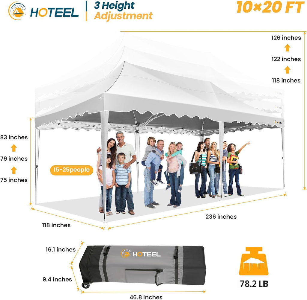 HOTEEL 10x20 Pop up Canopy Tent with 6 Removable Sidewalls, Wave Hem Roof 10x20 Canopy with Wheel Bag and 4 Sandbag, Commercial Pop up Tent Waterproof Sunshade for Market Wedding Party Stall (White)