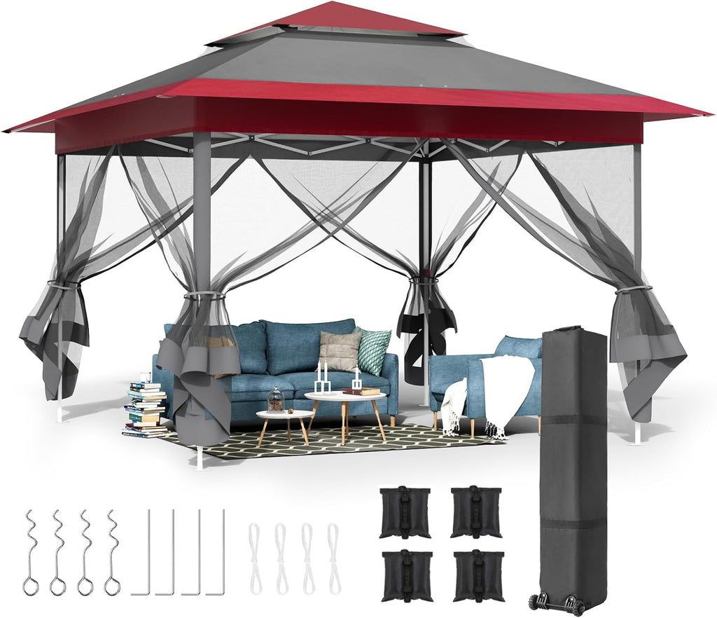 MAMIZO 13ft Pop Up Gazebo, Outdoor Instant Canopy Tent w/4 Netting Sidewall & Auto Extending Eave, Patio Gazebos Shelter w/Mesh Wall, Center Lock, Wheeled Bag for Garden, Yard (Red, 13X13FT)