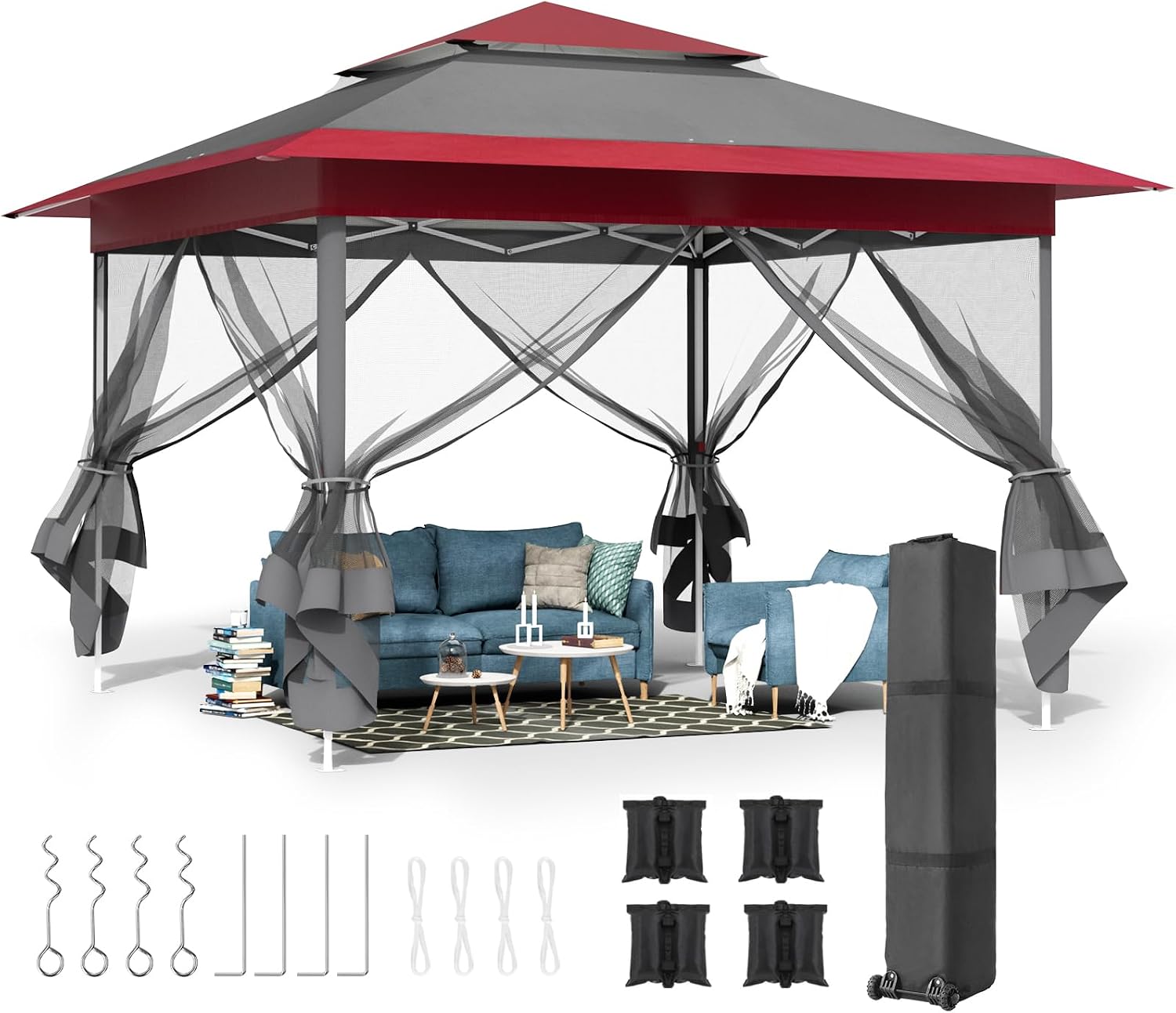 MAMIZO 13ft Pop Up Gazebo, Outdoor Instant Canopy Tent w/4 Netting Sidewall & Auto Extending Eave, Patio Gazebos Shelter w/Mesh Wall, Center Lock, Wheeled Bag for Garden, Yard (Red, 13X13FT)