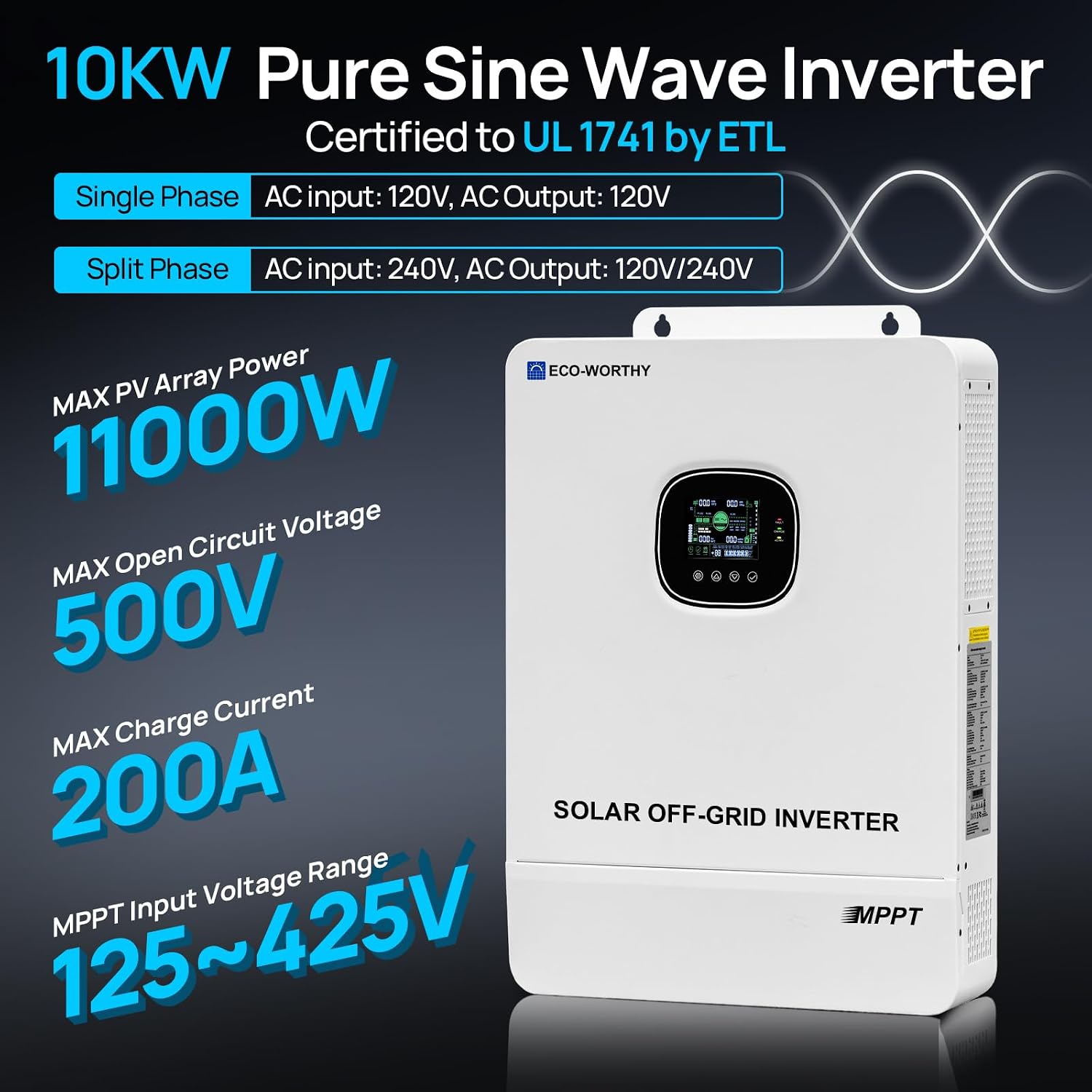 ECO-WORTHY 20000W Solar Inverter 48 Volt Inverter Pure Sine Wave UL1741,120V/240V Single/Split-Phase,Support Parallel,Built-in 2 MPPT Solar Controllers,Solar Inverter Charger for Home Off Grid