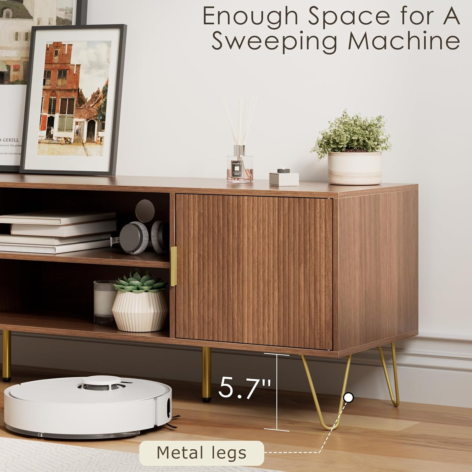 TV Stand for 55-65 Inch TV, Entertainment Center with Soft Hinge Door,TV Console Table with 2 Cabinets with Gold Handle and Feet,for Living Room, Bedroom, Walnut