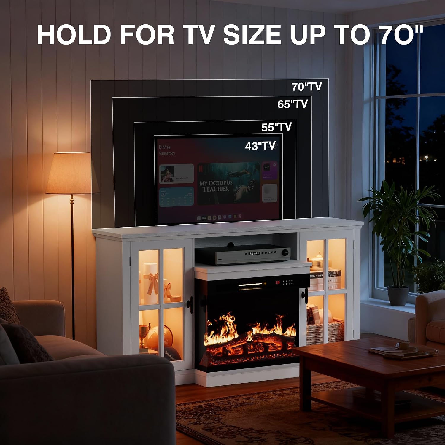 YESHOMY Glass Fireplace TV Stand for Televisions up to 65', Media Entertainment Center Console Table with Led Lights, White Wash