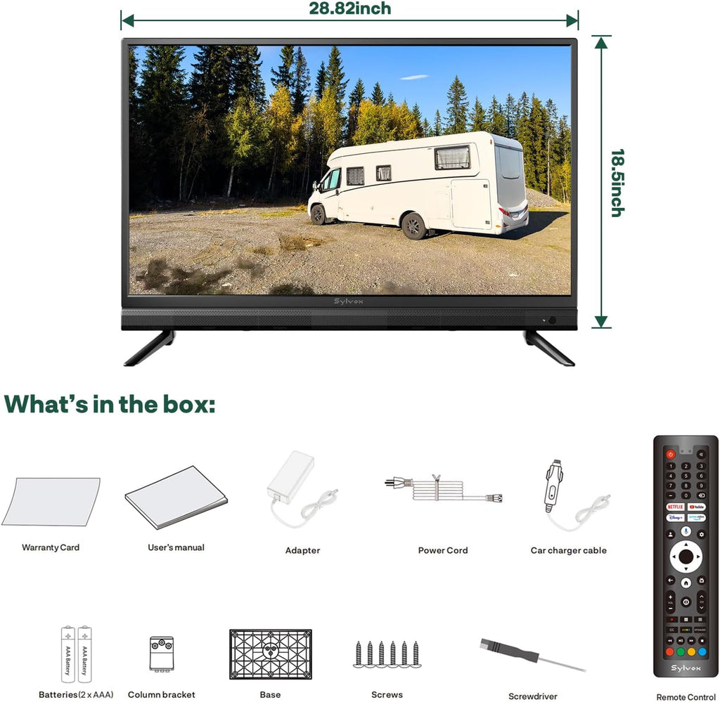 SYLVOX 32-Inch RV TV, 12 Volt Smart TV with Google OS, 178° Wide Viewing, HDMI/USB Ports, AC/DC Power, Voltage Protection for Camper, Motorhome and RV Use