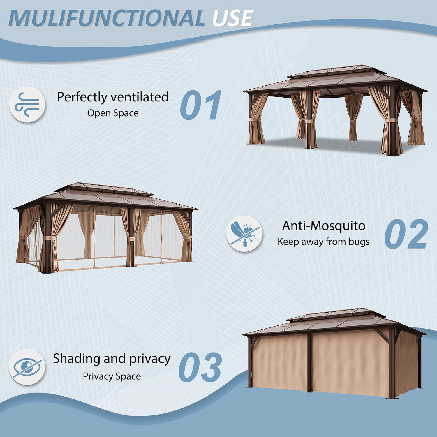 Aoxun 12'x20' Hardtop Gazebo, Aluminum Frame Permanent Pavilion with Curtains and Netting, Outdoor Polycarbonate Double Roof Canopy, Designed for Patio, Garden, Lawns