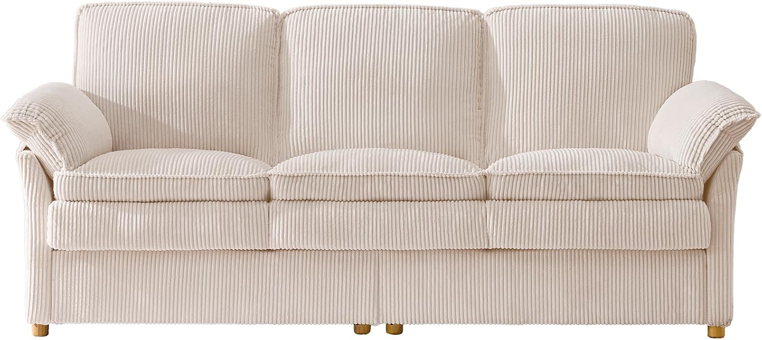 ONBRILL 86.6' Corduroy Couches for Living Room, Comfy 3 Seater Sofa with Pillow-Top Armrest & Dual-Layer Cushions, Mid Century Modern Couch for Bedroom, Apartment, Beige