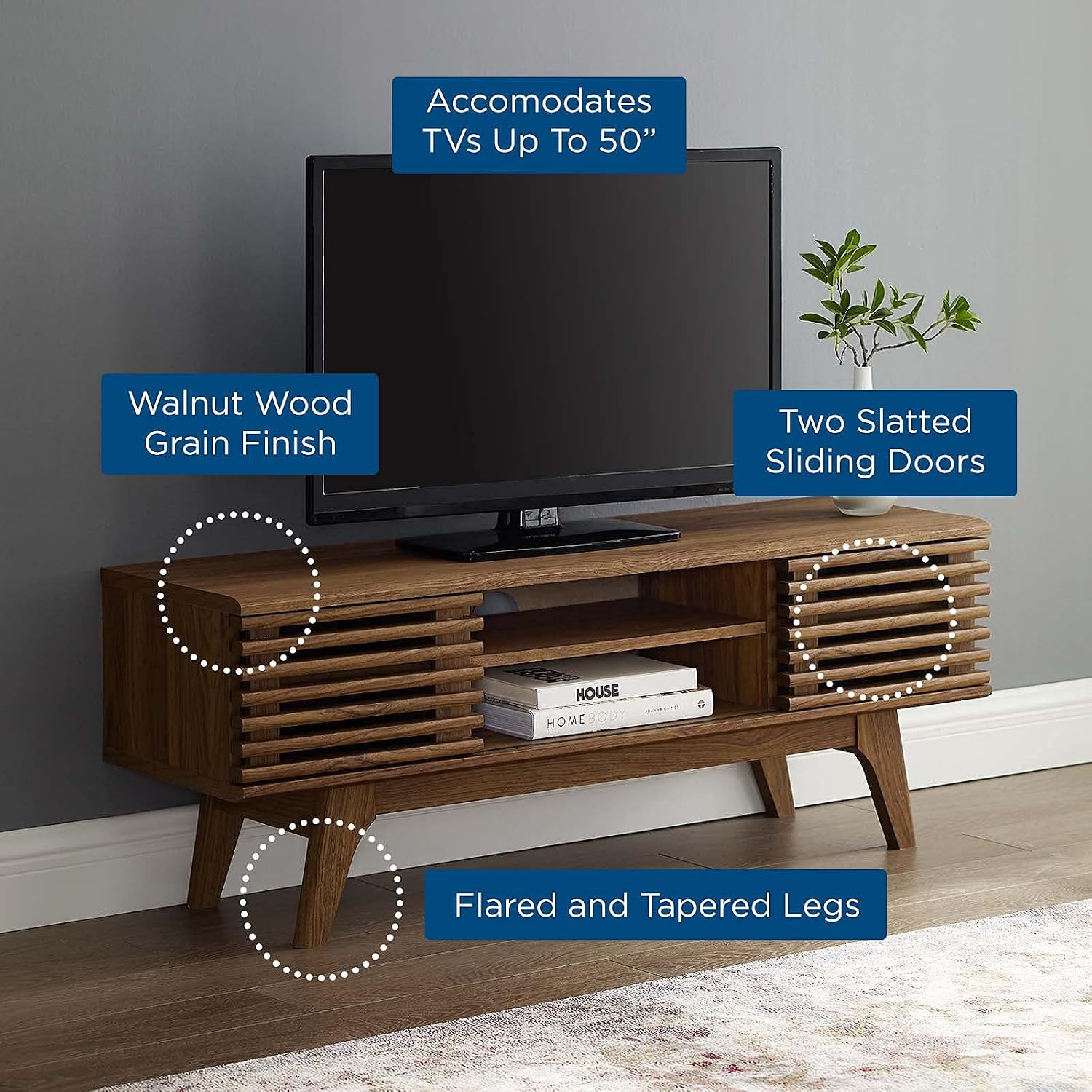 Modway Render 46' Mid-Century Modern Low Profile Media Console TV Stand, 46 Inch, Walnut