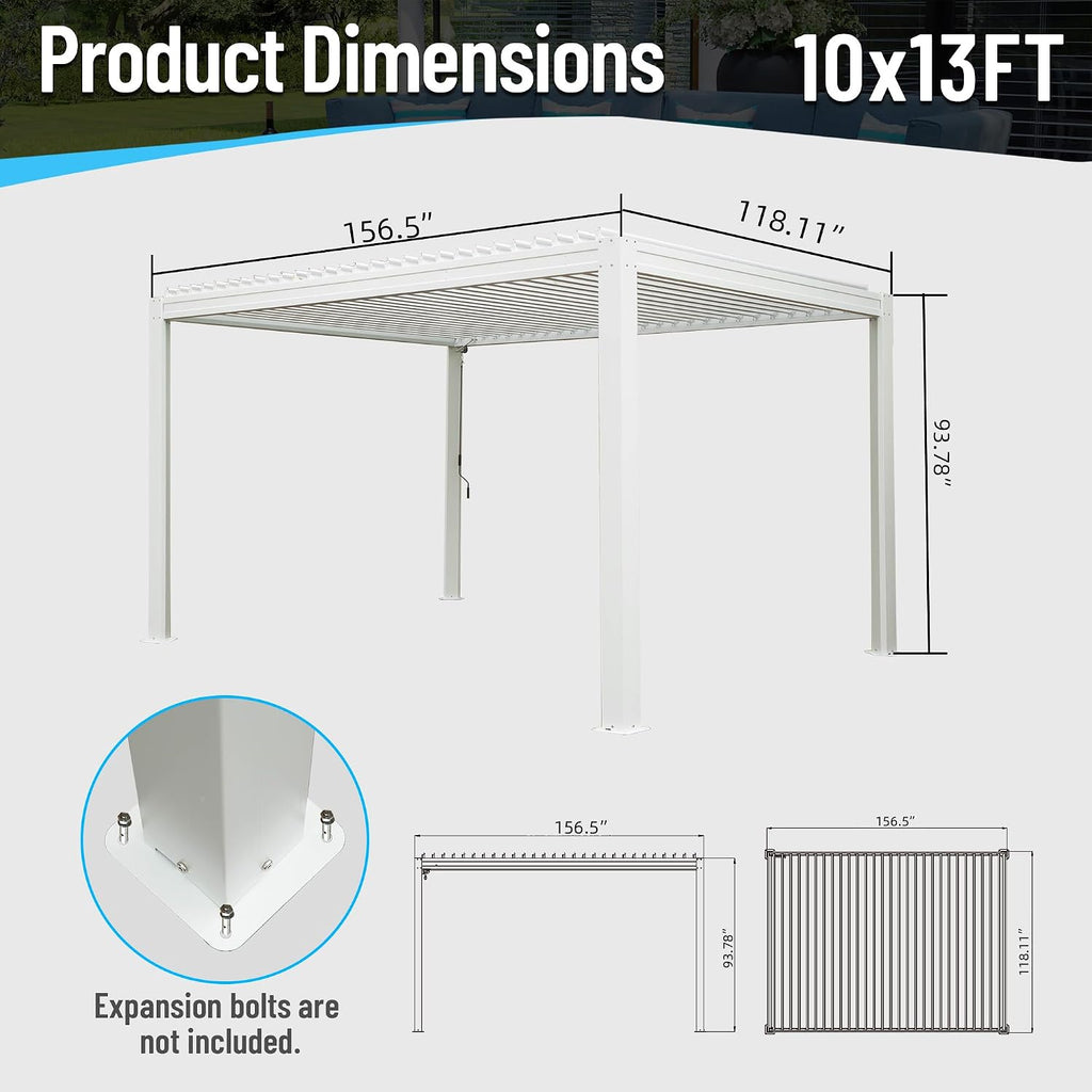 Domi Outdoor Pergola 10' x 13' Aluminum Louvered Pergola with Adjustable Roof, Aluminum Frame, Efficient Drainage System for Patio, Deck, Garden, White