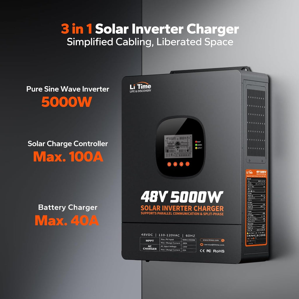 LiTime 5000W Solar Hybrid Inverter Charger, 48V DC to 120V AC Pure Sine Wave Inverter, Parallel Split-Phase for 240V, Built in 100A MPPT Solar Charger Controller for Home Backup, Off-Grid, Farm