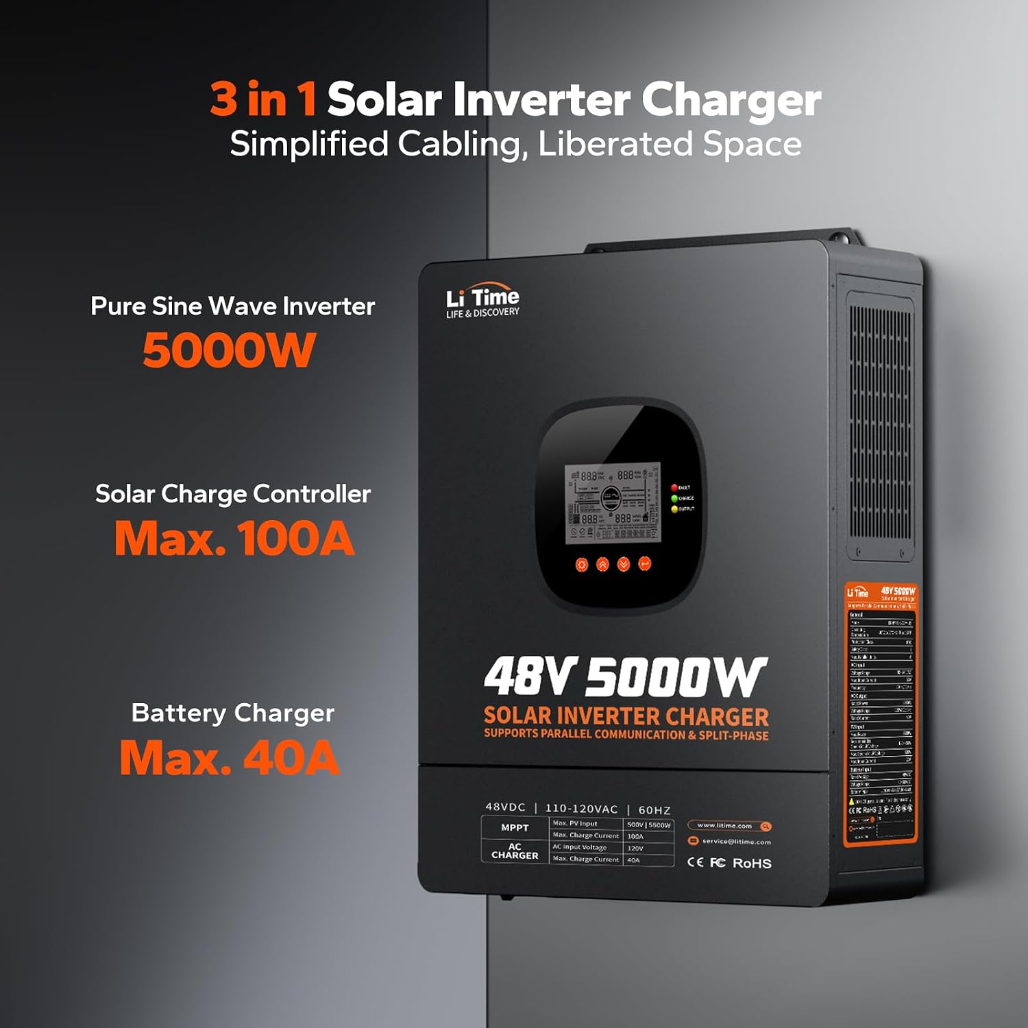 LiTime 10000W Solar Hybrid Inverter Charger (2 Pack), 48V DC to 120/240V Split Phase System, 2×5000W Pure Sine Wave Inverters, Built-in 2×100A MPPT Controllers for Whole Home Backup, Off-Grid, Farm