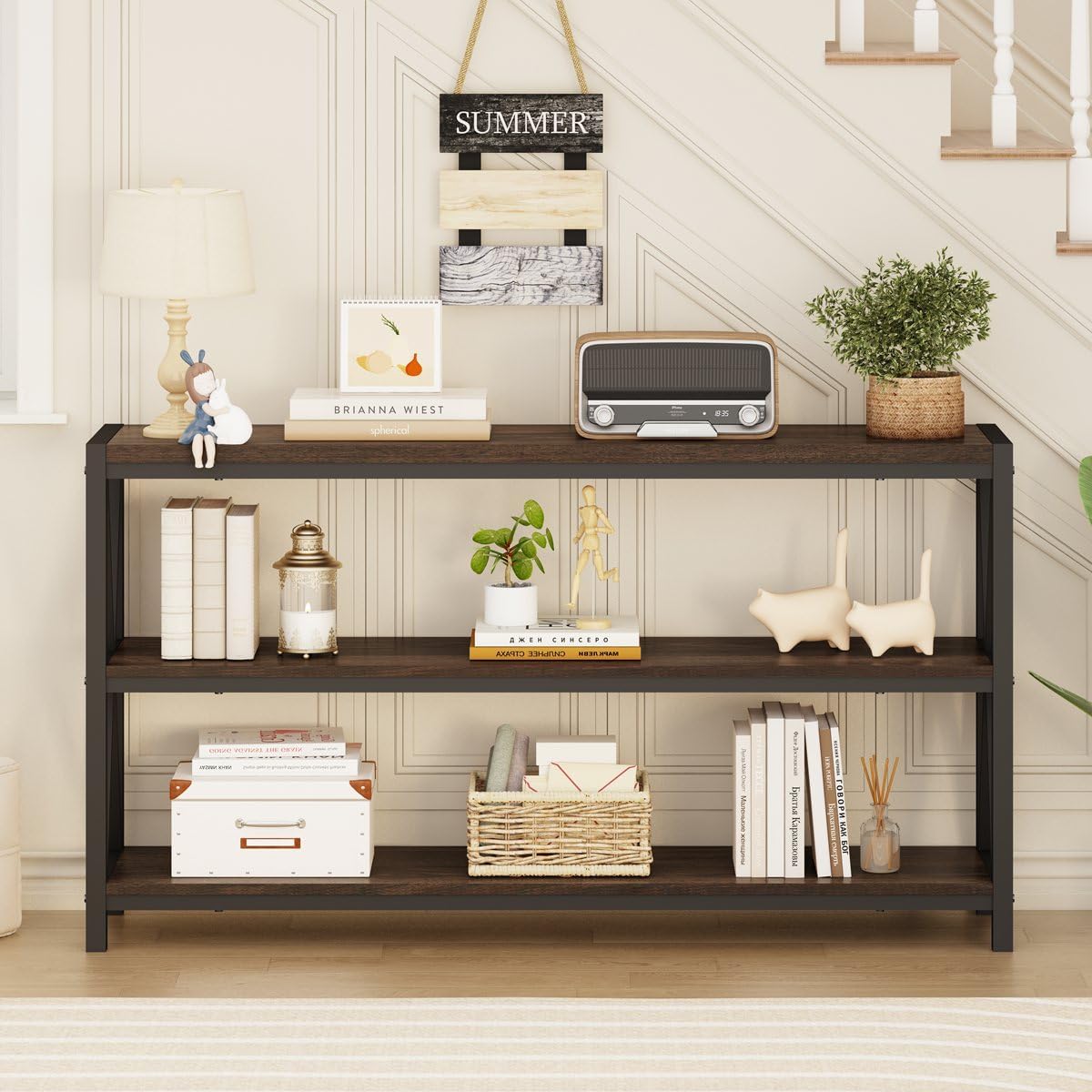 FATORRI Console Table for Entryway, Modern Entry Hallway Table with 3 Tier Shelves, Couch Tables Behind Sofa for Living Room, 55 Inch, Dark Walnut