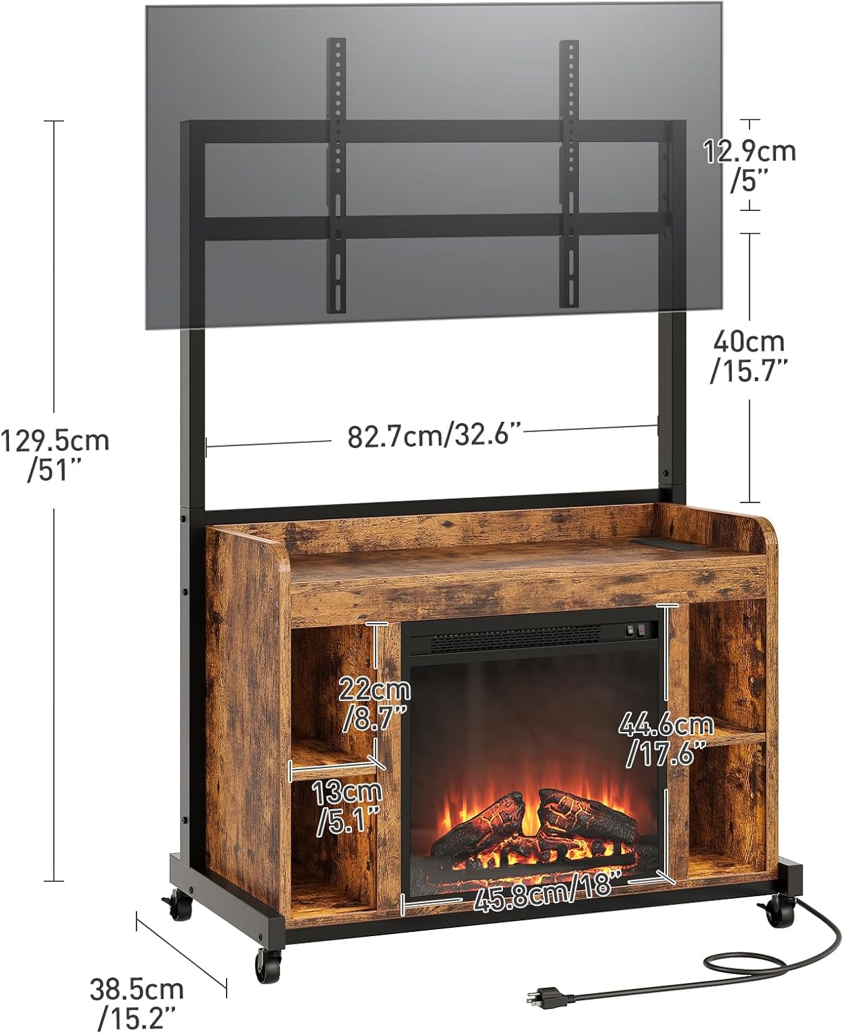 RALGEND Fireplace TV Stand with Mount for 55/60/65/75 inch TVs, Corner Entertainment Center with Power Outlet and 18' Electric Fireplace, Height Adjustable TV Console for Living Room, Rustic and Black