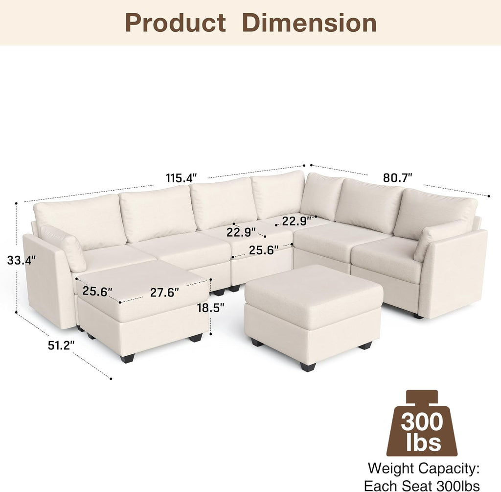 Modular Sectional Sofa Couches, Large Convertible Modular Couches with Storage, 8-Seater Sectional Sofa for Living Room, U Shaped Sectional Couch Sleeper Sofa with Chaise (Beige, 8 Seats)