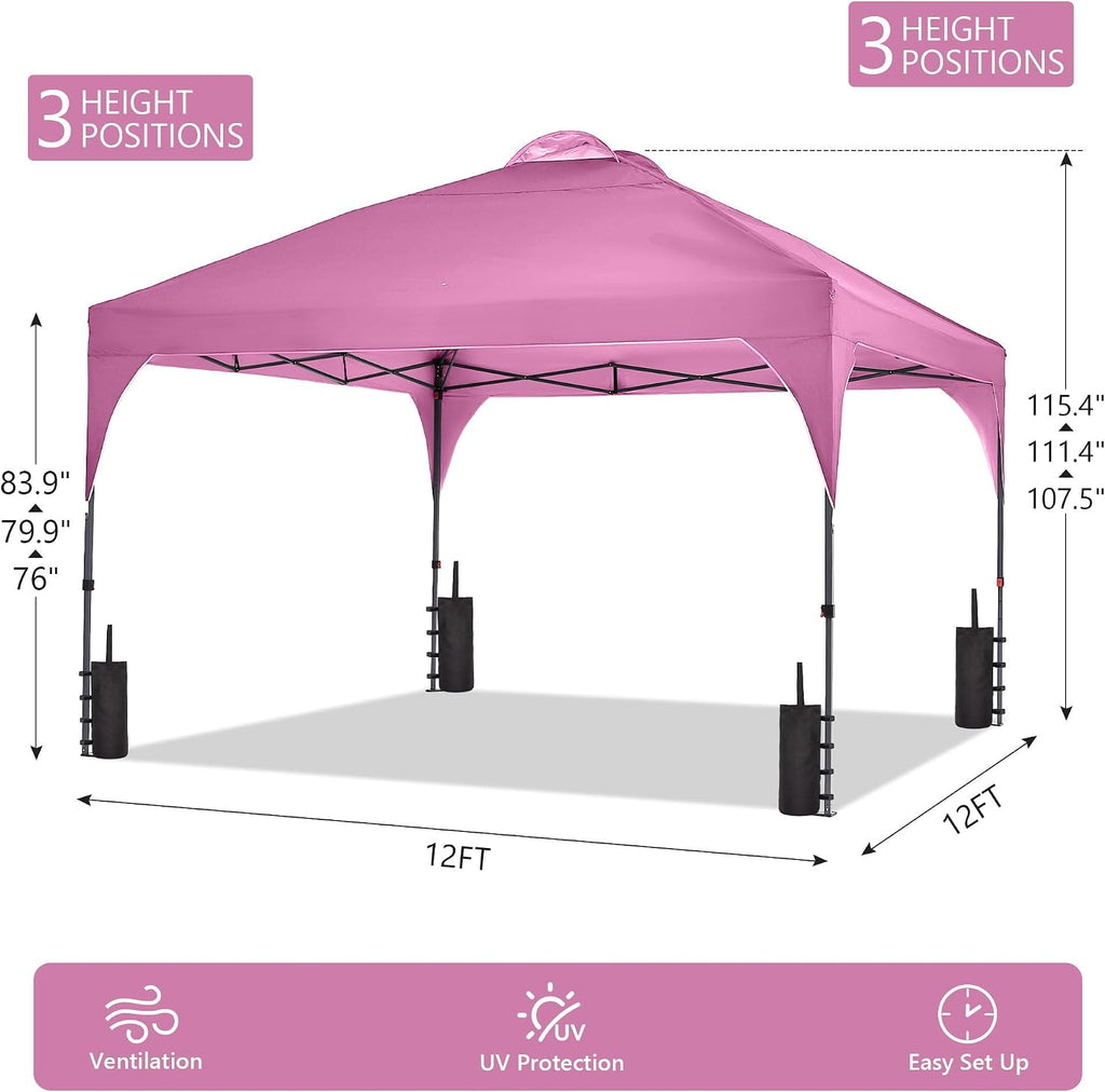 12'x12'FT Pop Up Canopy, Easy-Setup Gazebo, Outdoor Awning with 3-Adjustable Heights for Beach, Parties, Camping, Pink.